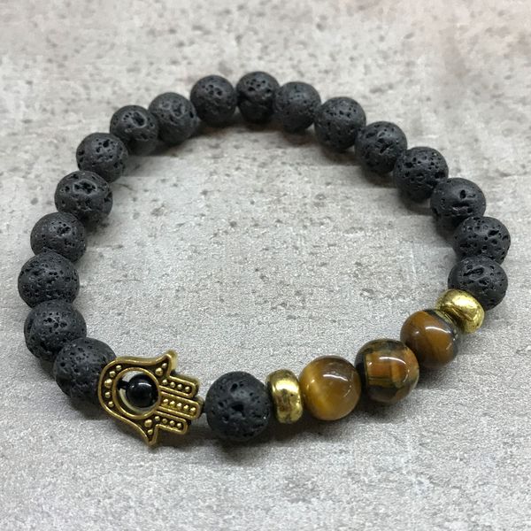 Náramok z Lávového Kameňa - Tigrie Oko & Hamsa