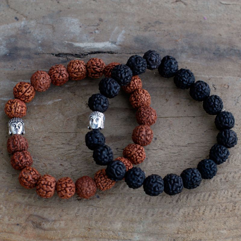 Rudraksha Mala Buddha Náramok - Tmavý