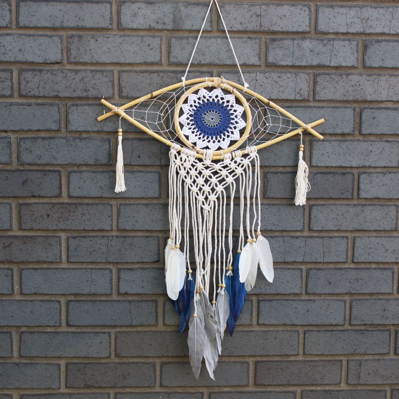 Ochranný Lapač Snov - Stredný - Macramé - Biela / Modrá / Šedá