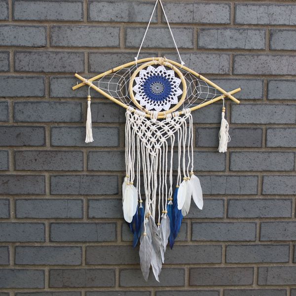 Ochranný Lapač Snov - Stredný - Macramé - Biela / Modrá / Šedá