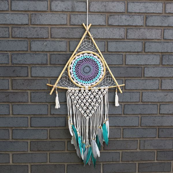 Ochranný Lapač Snov - Veľký - Macramé - Pyramída Biela/ Tyrkysová