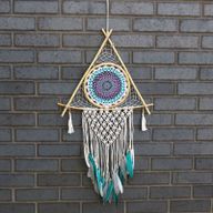 Ochranný Lapač Snov - Veľký - Macramé - Pyramída Biela/ Tyrkysová