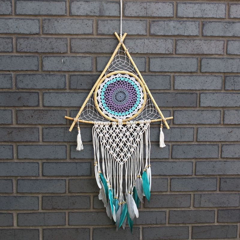 Ochranný Lapač Snov - Veľký - Macramé - Pyramída Biela/ Tyrkysová