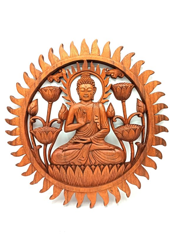Vyrezávaný Drevený Obraz - Budha a Lotus 40cm