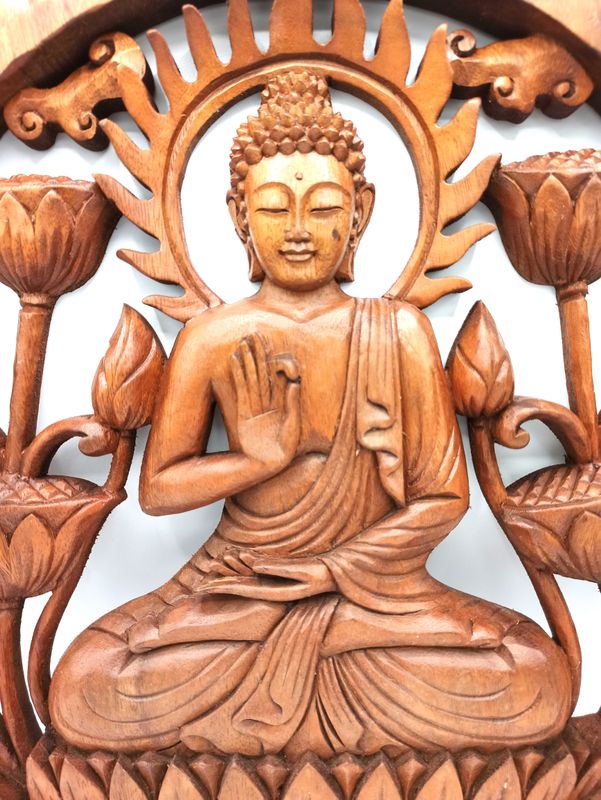 Vyrezávaný Drevený Obraz - Budha a Lotus 40cm
