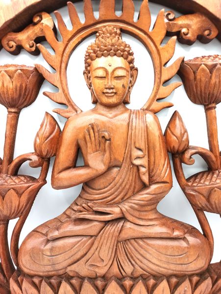 Vyrezávaný Drevený Obraz - Budha a Lotus 40cm