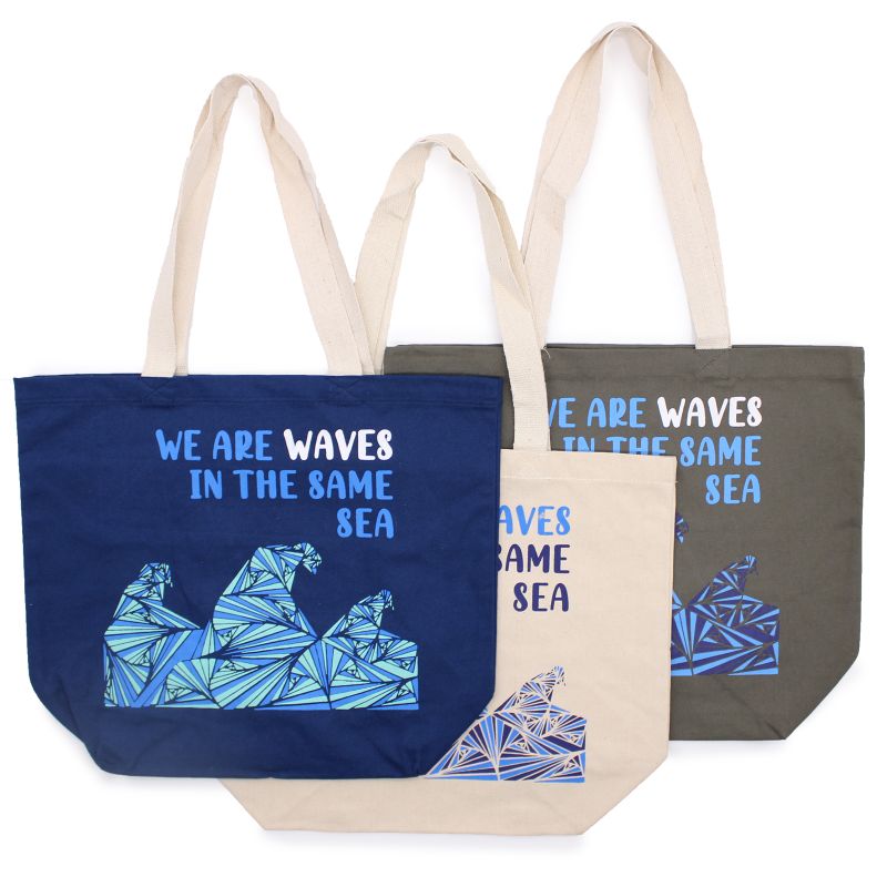 Bavlnená Taška s Potlačou - We are Waves - Sivá, Modrá a Prírodná