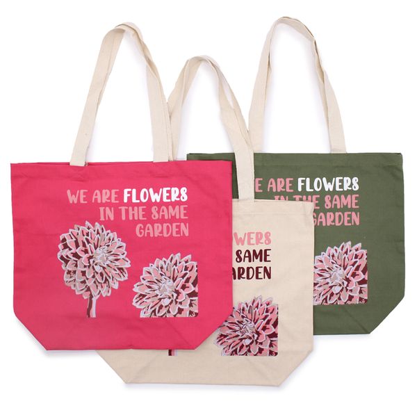 Bavlnená Taška s Potlačou - We are Flowers - Olivová, Ružová a Prírodná