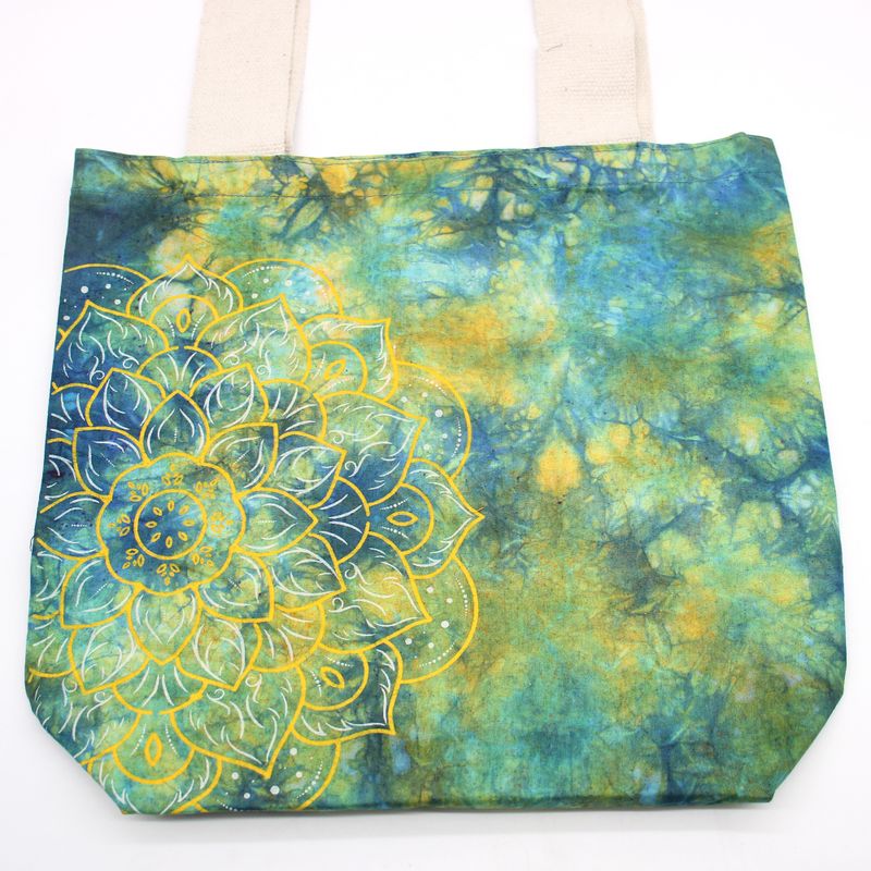 Bavlnená Taška (6oz) - 38x42x12cm - Mandala - Zelená/Modrá - Prírodné Ramienka