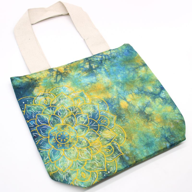 Bavlnená Taška (6oz) - 38x42x12cm - Mandala - Zelená/Modrá - Prírodné Ramienka