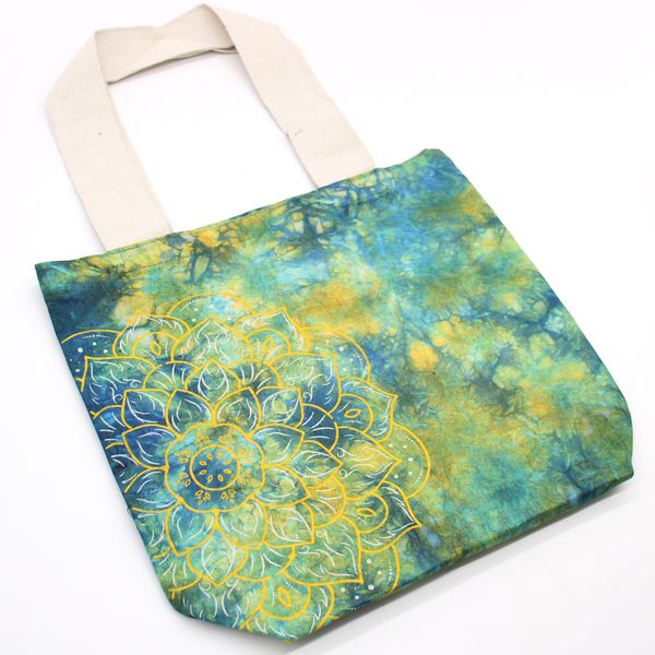 Bavlnená Taška (6oz) - 38x42x12cm - Mandala - Zelená/Modrá - Prírodné Ramienka