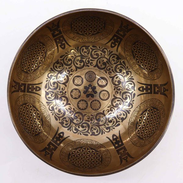 Tibetská Liečivá Gravírovaná Miska - 21cm -7 Čakier a Kvet Života