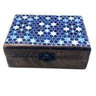 Stredná Drevená Krabička s Keramickou Glazúrou - 15x10x6cm - Modré Hviezdy