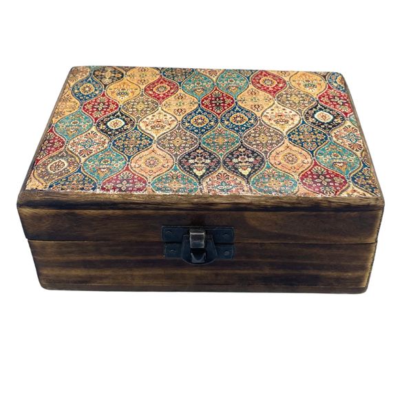 Stredná Drevená Krabička s Keramickou Glazúrou - 15 x 10 x 6 cm - Orientálny Vzor