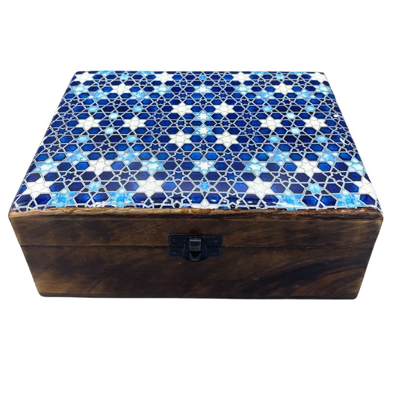 Veľká Drevená Krabička s Keramickou Glazúrou - 20x15x7.5cm - Modré Hviezdy