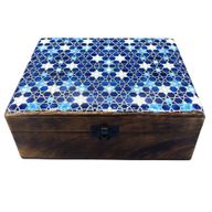 Veľká Drevená Krabička s Keramickou Glazúrou - 20x15x7.5cm - Modré Hviezdy