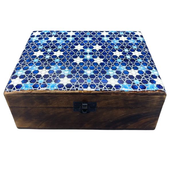 Veľká Drevená Krabička s Keramickou Glazúrou - 20x15x7.5cm - Modré Hviezdy