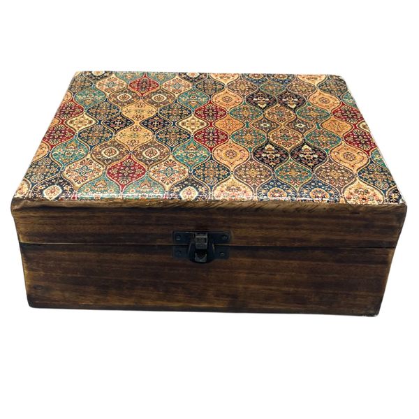 Veľká Drevená Krabička s Keramickou Glazúrou - 20x15x7.5cm - Orientálny Vzor