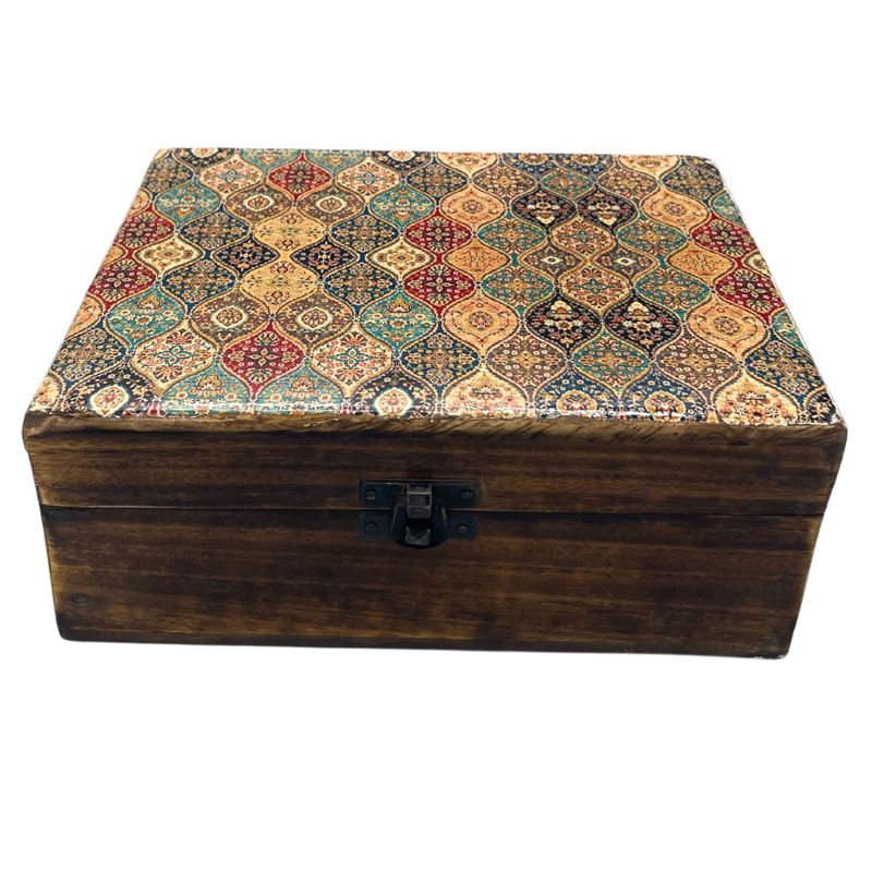Veľká Drevená Krabička s Keramickou Glazúrou - 20x15x7.5cm - Orientálny Vzor