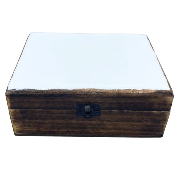Veľká Drevená Krabička s Keramickou Glazúrou - 20x15x7.5cm - Biela