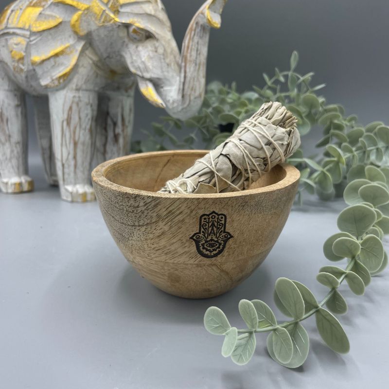 Drevená Rituálna Miska na Vykurovacie Zväzky - Hamsa - 12x7cm