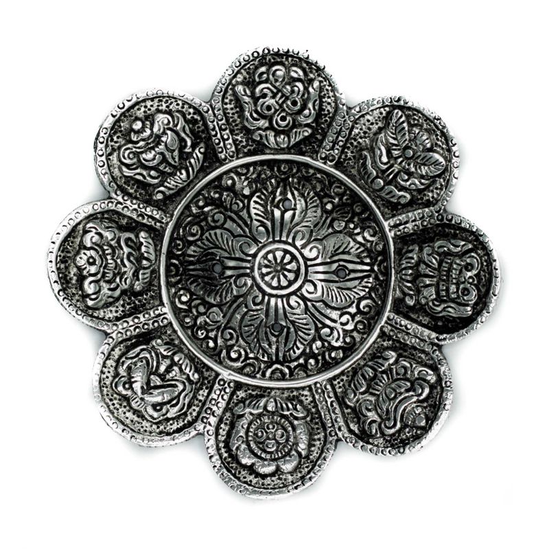 Stojan na Vonné Tyčinky z Lešteného Hliníka s Tibetskými Symbolmi, 12 cm