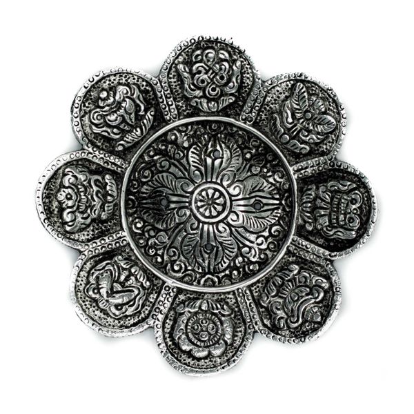 Stojan na Vonné Tyčinky z Lešteného Hliníka s Tibetskými Symbolmi, 12 cm