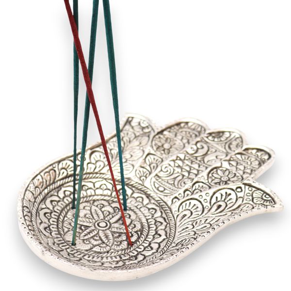 Leštený Hliníkový Stojan na Vonné Tyčinky Veľký Hamsa 18x13cm