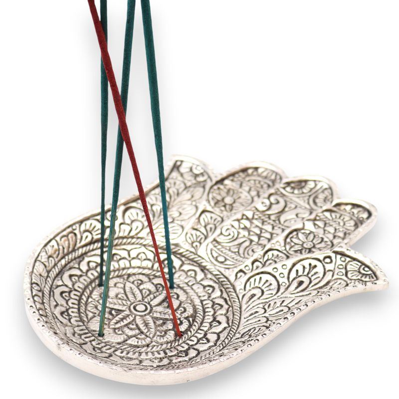 Leštený Hliníkový Stojan na Vonné Tyčinky Veľký Hamsa 18x13cm