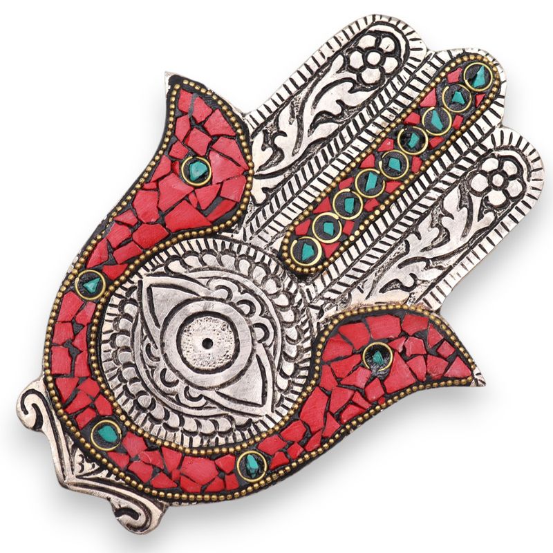 Červený a Zelený Malý Stojan na Vonné Tyčinky Hamsa 13x5,5 cm