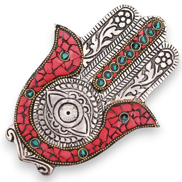 Červený a Zelený Malý Stojan na Vonné Tyčinky Hamsa 13x5,5 cm