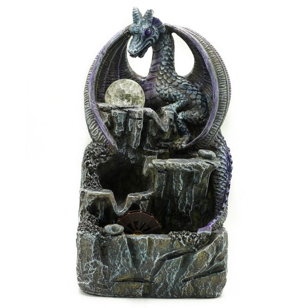 Stolová Fontánka - 35cm - Fialový drak, Krištáľová Guľa a Vodné Koleso