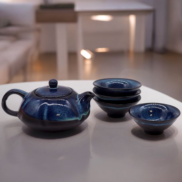 Bylinkový Modrý Čajový Set - Čajník a Štyri Šálky