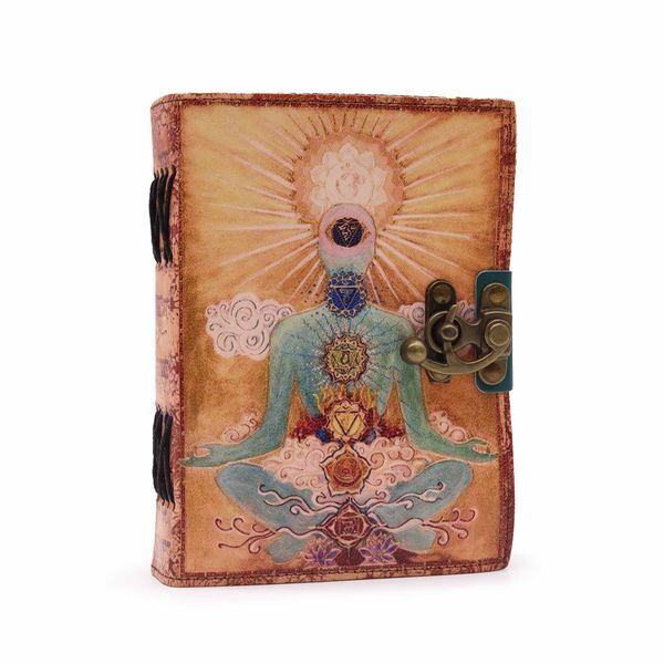 Kožený Zápisník "Budha Sedem Čakier" s Okrajom (12.5cmX17.5cm)