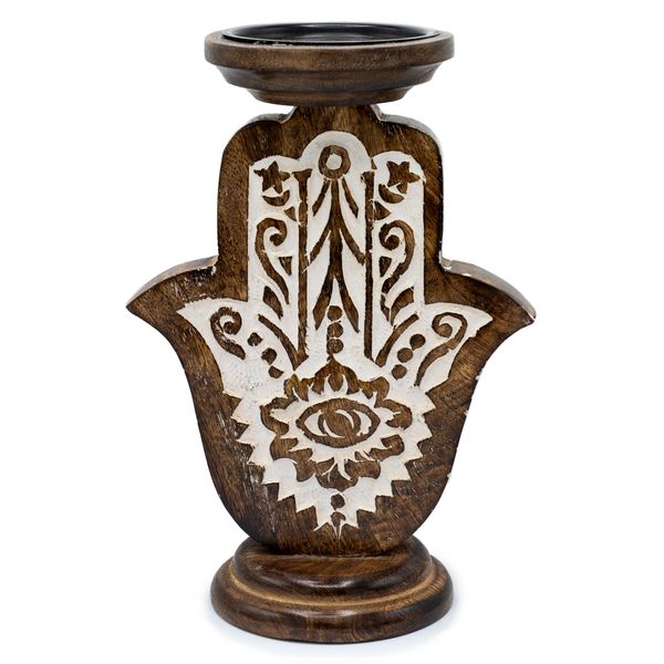 Stojan na Sviečku z Mangového Dreva - Hamsa - Veľký 25x18cm