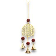 Indická Zvonkohra - Mosadzný Kvet Života s Korálkami Rudraksha - 3 Zvončeky - 6x27cm
