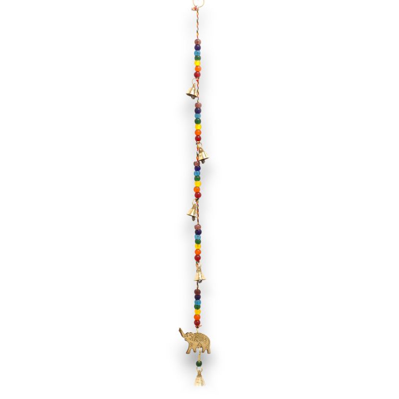 Indická Zvonkohra - Mosadzný Slon s Čakrovými Korálkami Zvonček - 53 cm