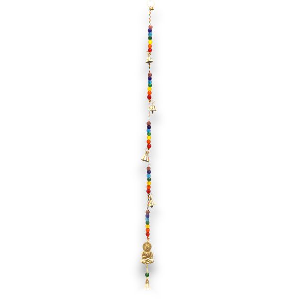 Indická  Zvonkohra - Mosadzný Budha s Čakrovými Korálkami Zvonček - 53 cm
