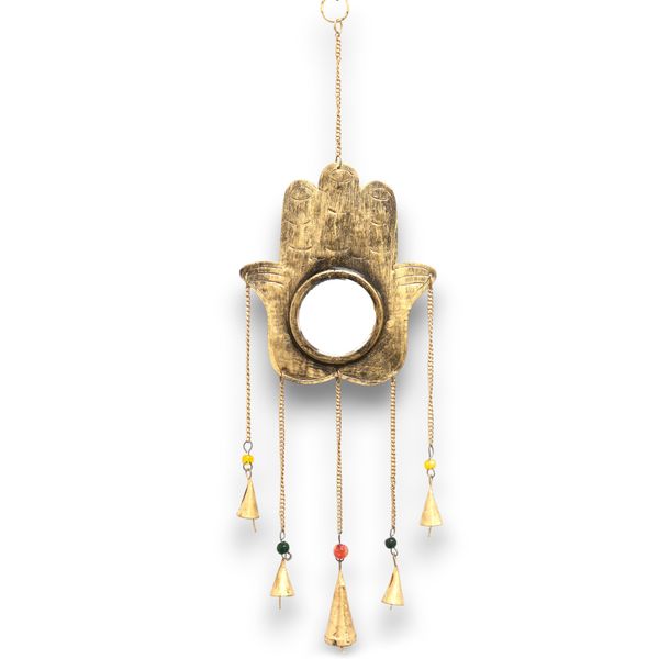 Indická Zvonkohra - Veľká Hamsa Zrkadlo 5 Zvončekov - 19x65cm