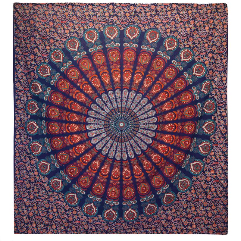 Dvojitá Bavlnená Prikrývka + Záves na Stenu - Peacock Mandala  - Modrá
