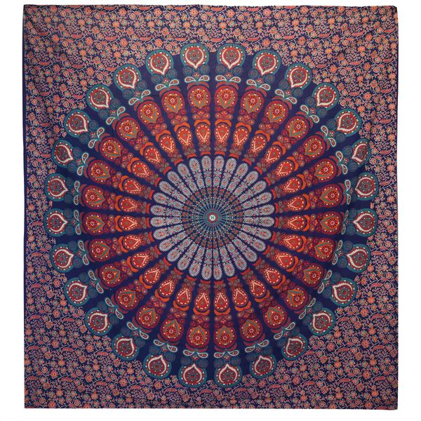Dvojitá Bavlnená Prikrývka + Záves na Stenu - Peacock Mandala  - Modrá