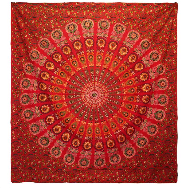 Dvojitá Bavlnená Prikrývka + Záves na Stenu - Peacock Mandala - Červená