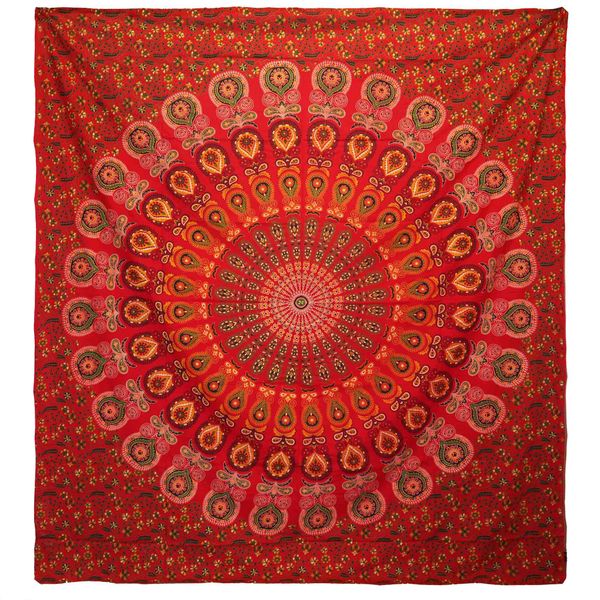 Dvojitá Bavlnená Prikrývka + Záves na Stenu - Peacock Mandala - Červená