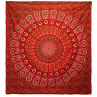 Dvojitá Bavlnená Prikrývka + Záves na Stenu - Peacock Mandala - Červená