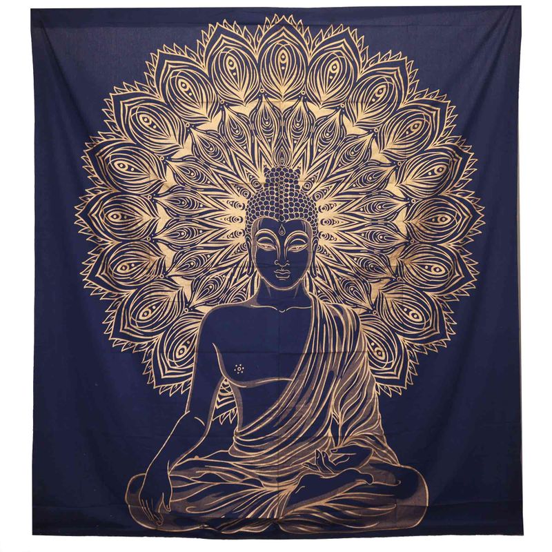 Dvojitá Bavlnená Prikrývka + Záves na Stenu - Budha - Modrá Zlatá