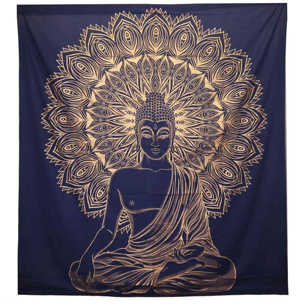 Dvojitá Bavlnená Prikrývka + Záves na Stenu - Budha - Modrá Zlatá