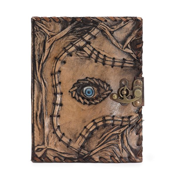 Hnedý Kožený Zápisník - Dekor zZých Očí – 160 strán s ozdobnými okrajmi – 20 x 15 cm