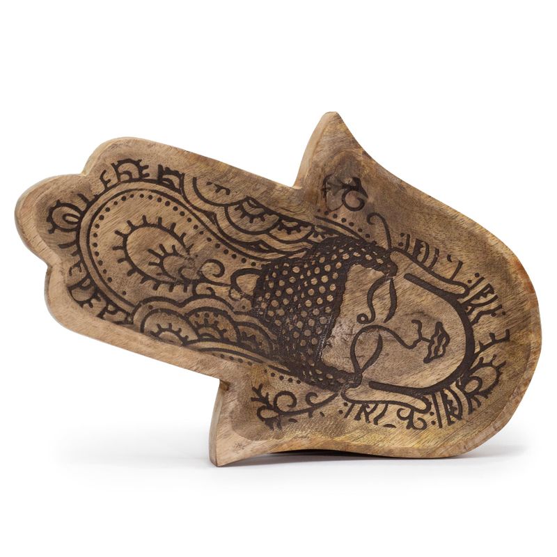 Dlhá Tácka 30x20.5x2.5cm - Tvar Hamsa s Čiernym Gravírovaním Budhu