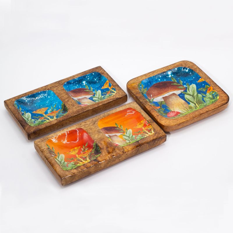 Dvojitý Podnos na Drobnosti 20x10x2,5cm - Hríbový Dizajn Modrozelený