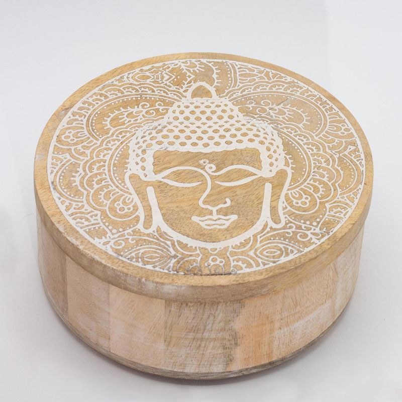 Veľká Okrúhla Krabička 17.5x7.5cm -  Tvár Budhu Biela Vymývaná